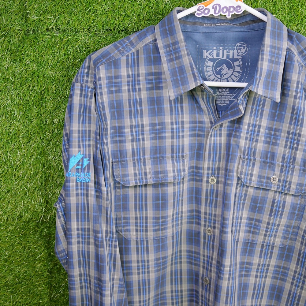 KUHL Eluxor Shirt Blue Plaid Arapahoe Basin Embroidery - Mens Size Large
